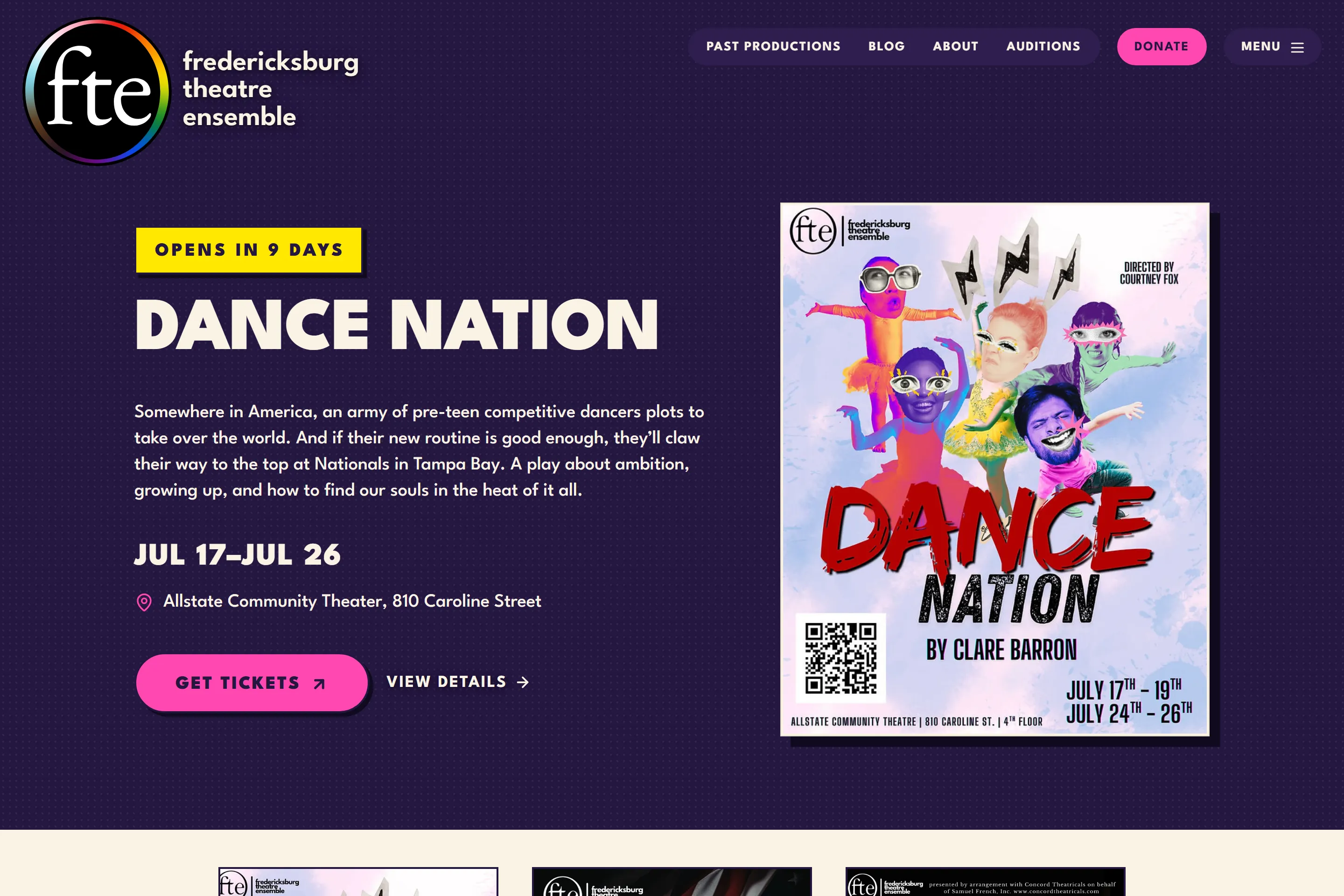Homepage of the Fredericksburg Theatre Ensemble — current show, dates, and ticket links